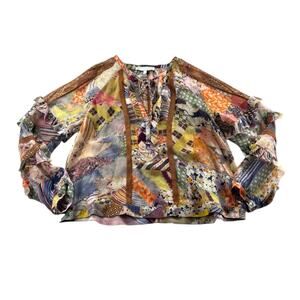 Burning Torch Patchwork Silk Blouse S Whimsy Cottagecore Tie Neck Ruffle Artisan